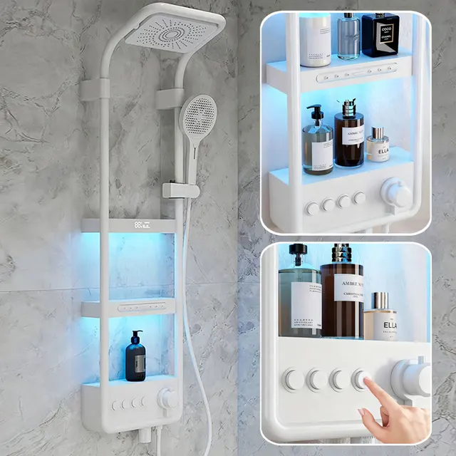 Ensemble de robinets de douche de salle de bains haut de gamme modernes, mitigeurs de cascade de pluie, affichage LED intelligent, système de panneau de douches de pluie avec lampe colonne douche Gris blanc toilette 1