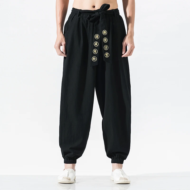 Japanese Kimono Pants Embroidered Loose Harajuku Casual Men Trousers Yukata Style Harem Costume