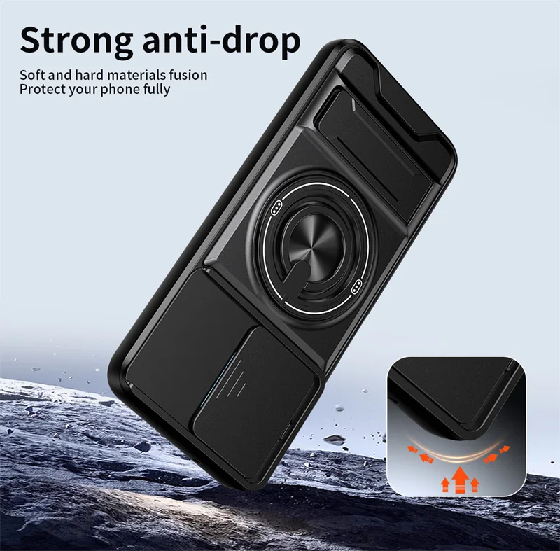Armor Stand Holder with Slide Lens and Magnetic Ring Cover - Durable Protective Case