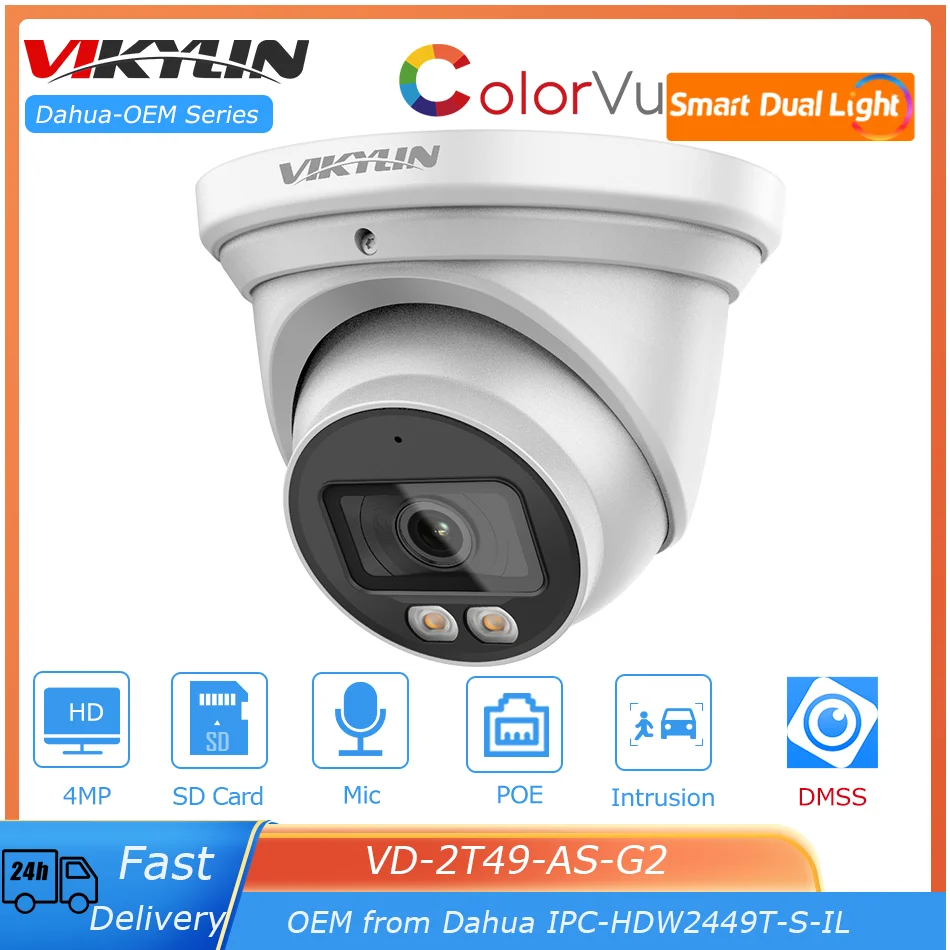 Vikylin Oem Dahua 4Mp Smart Dual Light Ip Camera Ipc-Hdw2449T-S-Il Wizsense Microfono Integrato Smd Cctv Telecamera Di Rete Di Sorveglianza