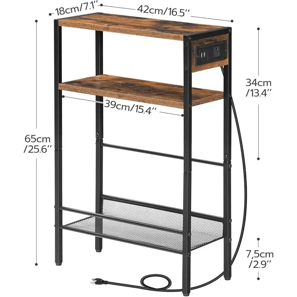 Slim Side Table with Charging Station USB Ports Compact Nightstand Small Spaces End Table with Shelves Sofa Bedroom Office 4