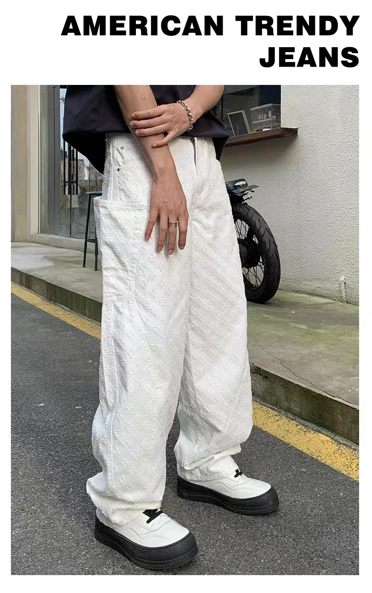 Description Picture 3 of itemStreet American Straight Wide-leg Jeans Vintage Jacquard Jeans Men's Pantalones Hombre Y2K Fashion White Streetwear Loose Pants