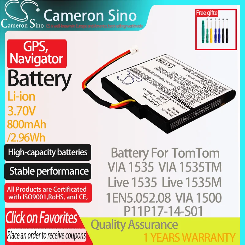 Batteria Cameronsino Per Tomtom Via 1535 Via 1535Tm Live 1535M Per Tomtom P11P17-14-S01 Gps, Batteria Navigatore 800Mah
