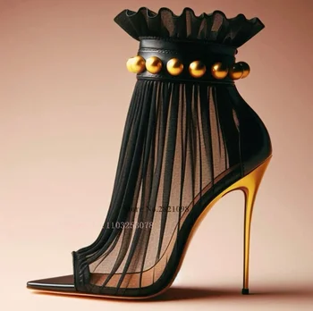 Black Mesh with Gold Stud Thin Heeled High Stiletto Heel Ankle Boots Open Pointed Toe Stilettos Heels Sexy Short Boots Women