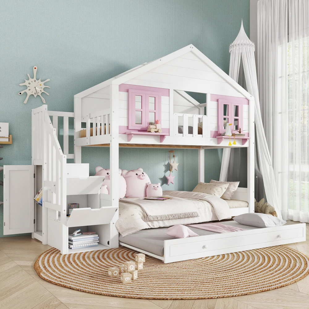 Modernes Kinder-Etagenbett mit Ausziehbarem Zusatzbett, Hängender Aufbewahrung, Niedlichem Fenster- & Dachdesign, Stabilem Lattenrost, 90x200cm – Detail 4