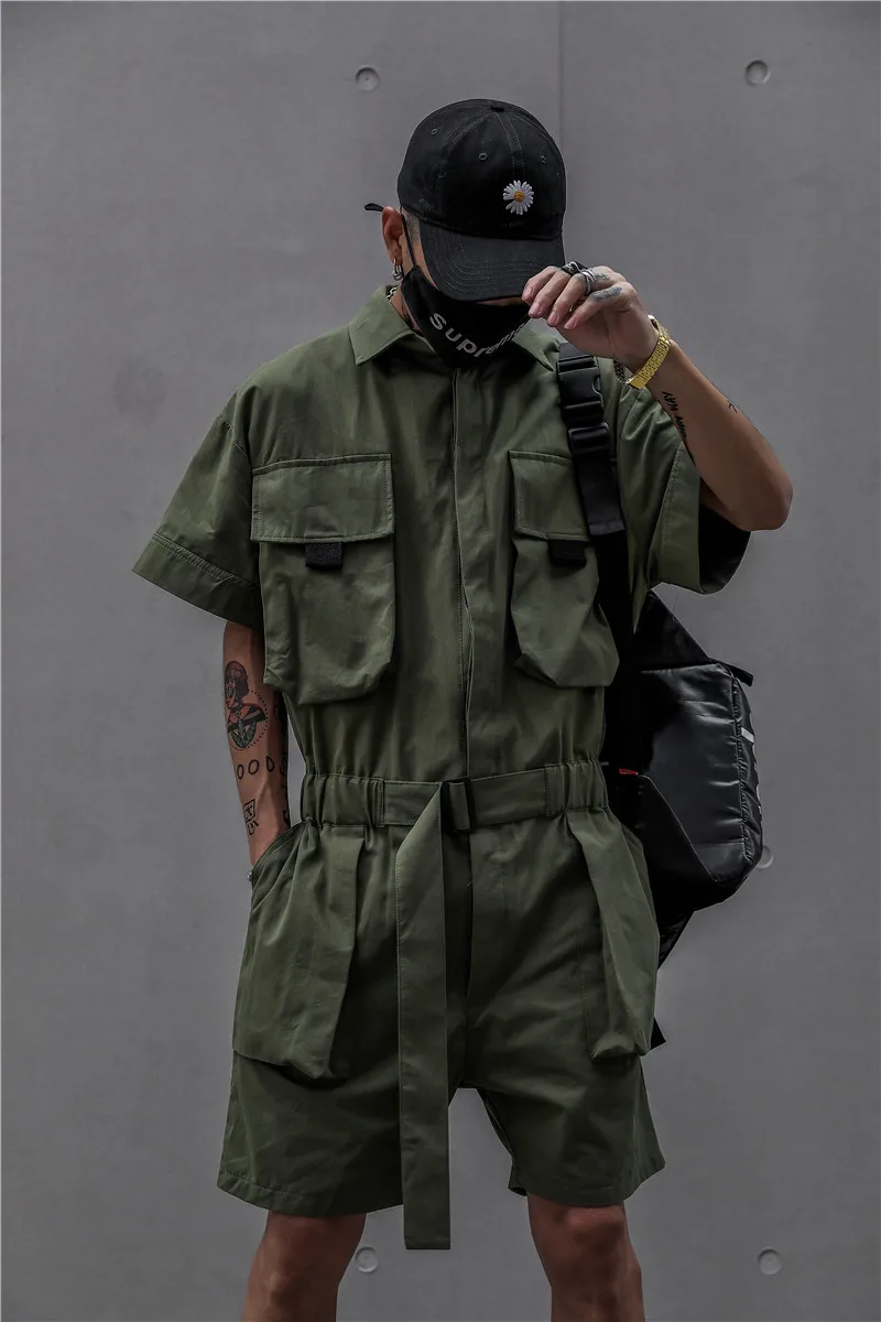 Short Jumpsuit for Men Black Bodysuits Overalls Men Green Male Japanese Streetwear Summer Pockets Hip Hop Men Clothes Ropa