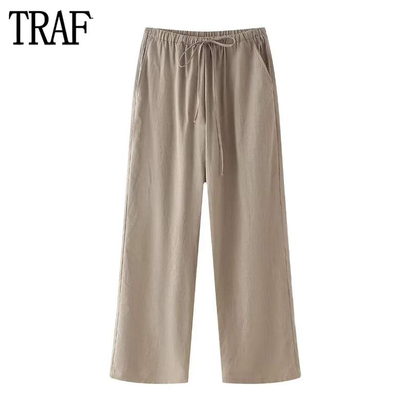 

TRAF Pyjama Pleated Trousers Womens High Waist Baggy Pants Woman Summer Wide Leg Pants for Women Drawstrings Casual Women Pants