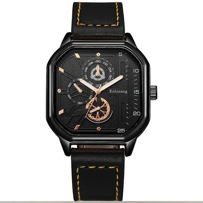 YIKAZE Men's Quartz Watches Alloy Dial Business Men Watch PU Leather Strap Square Sports Watch Cool Black Wristwatch for man 5