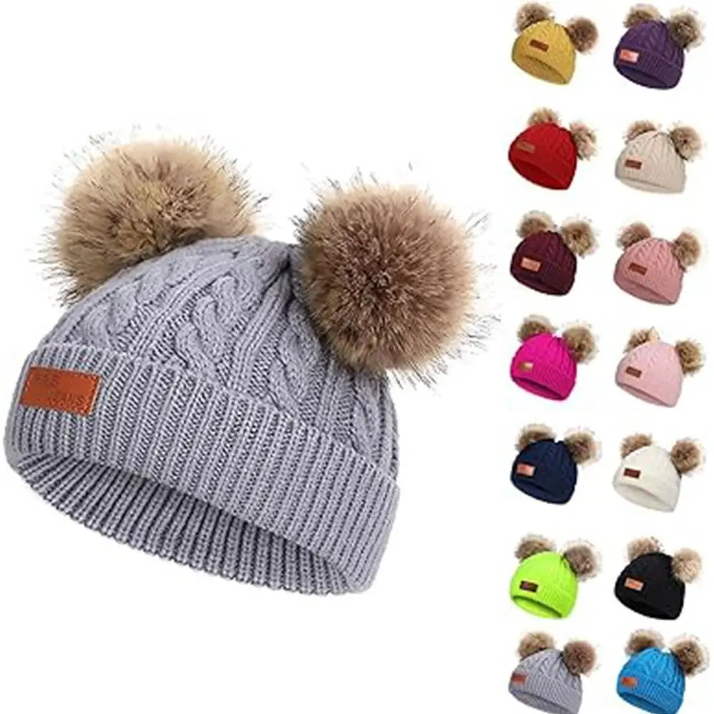 

Knitted Baby Pompom Beanie Cap Cute Soft Double Pompom Ski Hats Plush Winter Warm Hemming Hat Toddler Infant