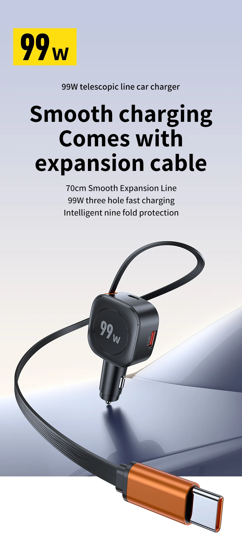 99W Retractable Car Phone Charger USB C PD 45W Fast Charging for iPhone 16 Pro M