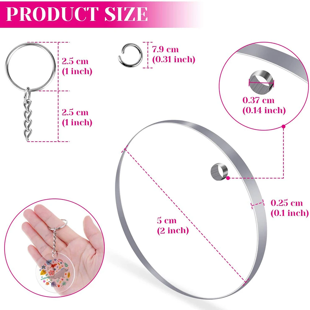 90Pcs Acrylic Keychain Blanks Kit with Key Rings Jump Rings Round Keyring Set DIY Key Rings Craft Supplies