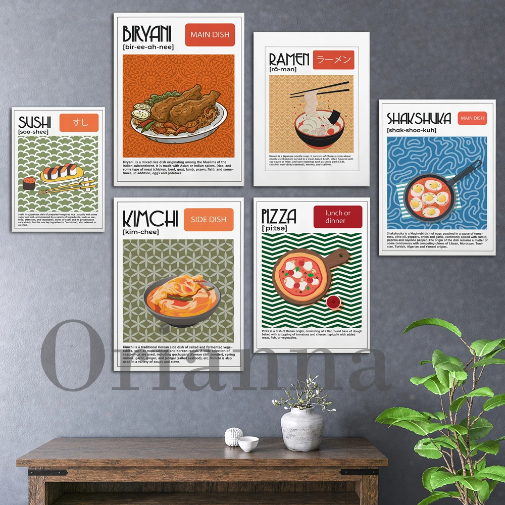 Pizza italiana, Biryani indio, Kimchi coreano, Sushi japonés Ramen, Shakshuka, póster de comida, Impresión de cocina, regalo de decoración artística de pared