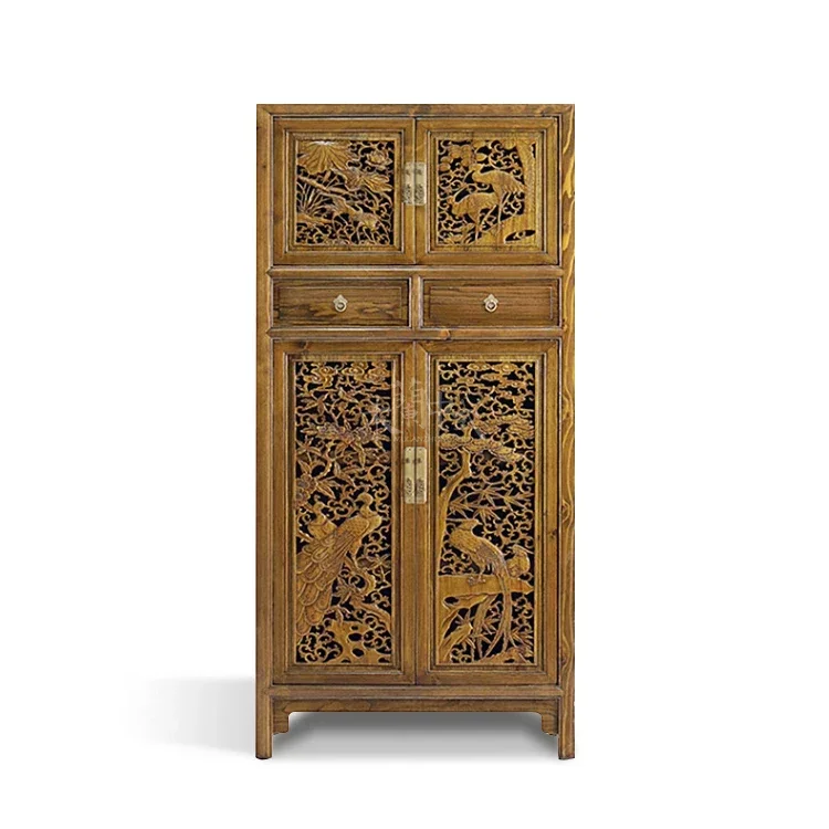 

Solid wood bookcase Ming and Qing classical Zhangmu door carved hollow cabinet antique wardrobe bedroom closet