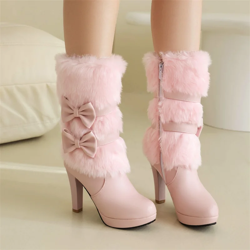 

Sweet Double Butterfly-knot Fur Mid-calf Snow Boots for Ladies High Heel Platform Side Zipper Party Women Shoes Pink Winter 2023