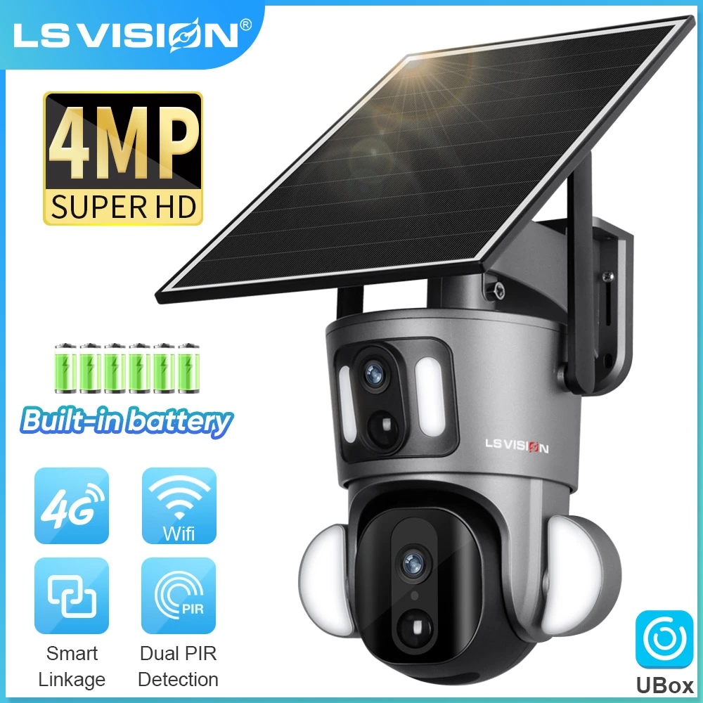 

LS VISION 4MP двойной экран связь Солнечная Wi-Fi камера наружная 4G двойной PIR Обнаружение человека автослежение CCTV камера 9 Вт солнечная панель