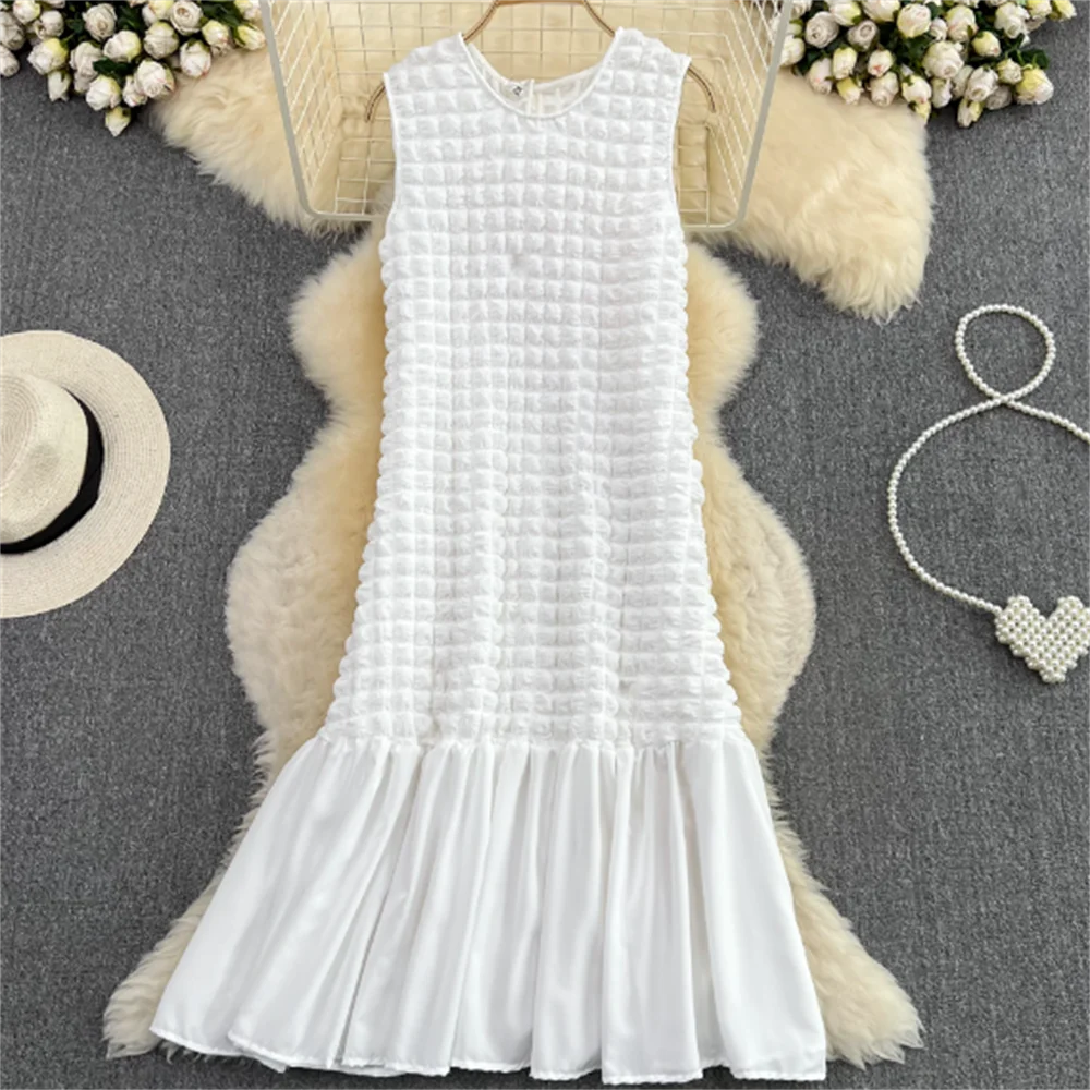 

Bubble plaid vest dress summer round collar sleeveless loose a word lotus leaf edge dress