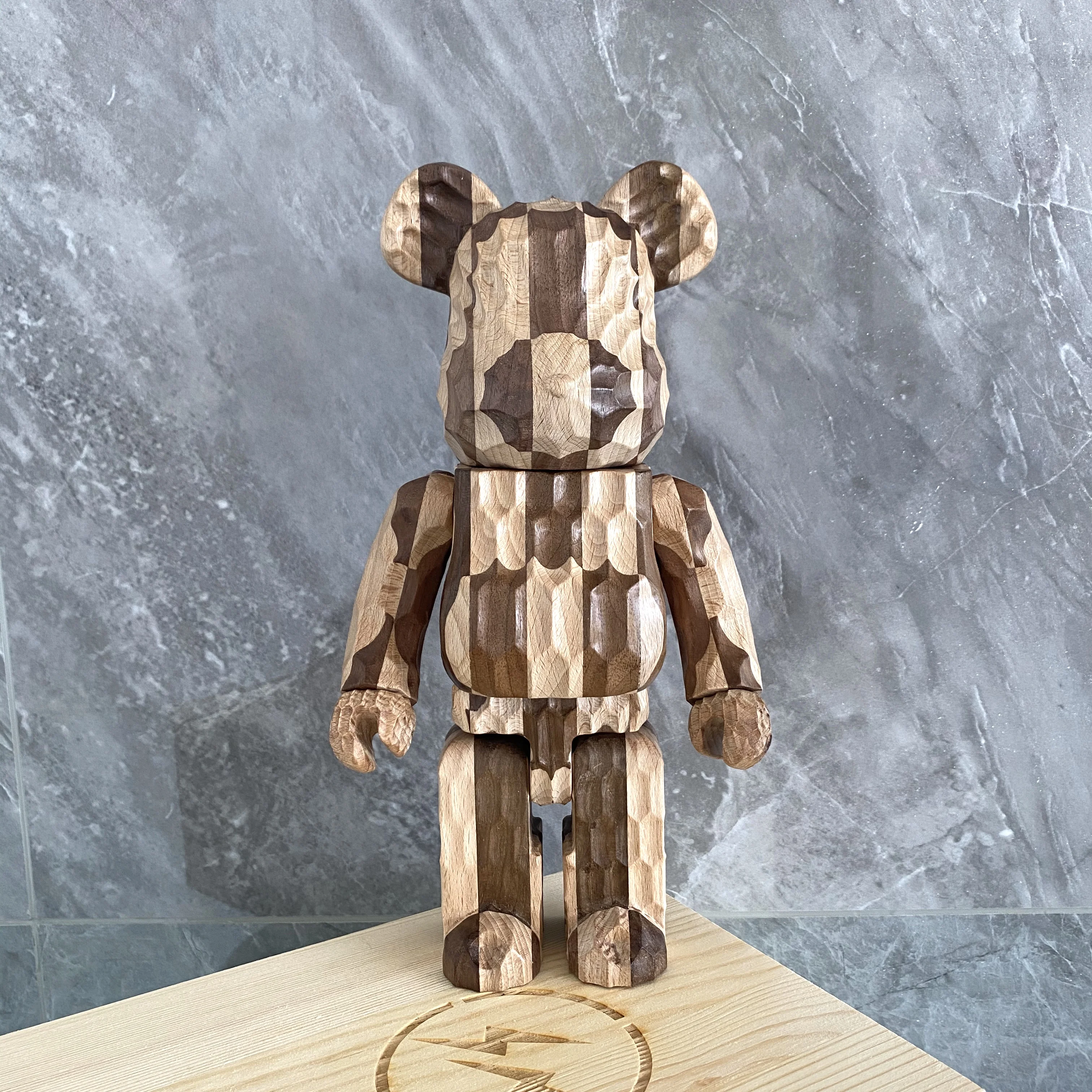 

Bearbrick 28cm Fujiwara Hiroshi wood 3 Carved BE@RBRICK Wooden 400% willow pattern natural wood stitching wood bear