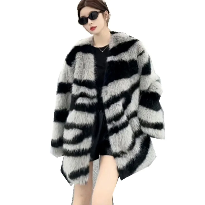 

Women Zebra Faux Fur Coat Retro Furry Fox Fur Clothing Autumn and Winter New Long Cardigan Overcoat S-9XL