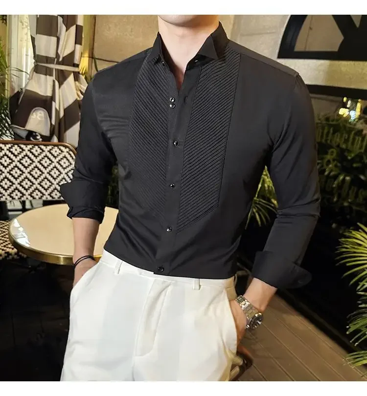 Description Picture 5 of itemQuality Banquet Tuxedo French Wing Collar Long Sleeve Shirts For Men Clothing Fashion Accordion Fold Slim Fit Social Shirt Dress