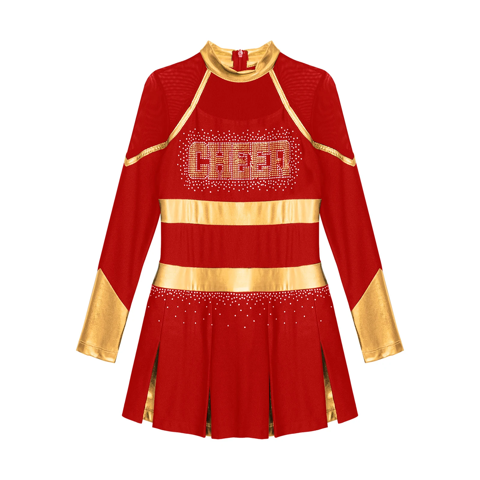 Description Picture 6 of itemKids Girls Cheer Dance Costume Teens Glittery Rhinestones Cheerleading Uniforms Metallic Patchwork Long Sleeve Cheerlead Dress
