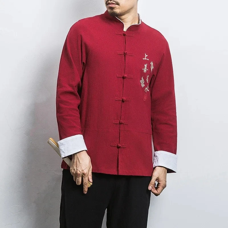 Chinese Traditional Clothing Men's Hanfu Retro Full Sleeve Collar Linen Shirt Tang Suit Hanfu Party Tops New Year Clothing