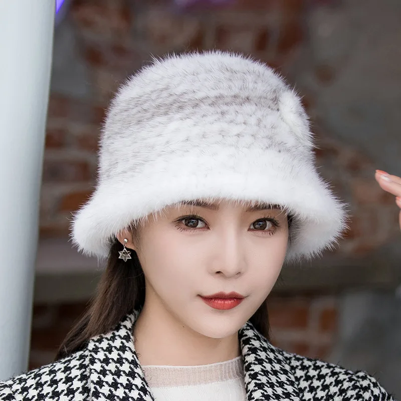 Women Hat Woman Hat Winter Solid Mink Caps With Flower Natural Mink Fur Hats New Russian Girl Soft Knitting Real Fur Bucket Hats Warm