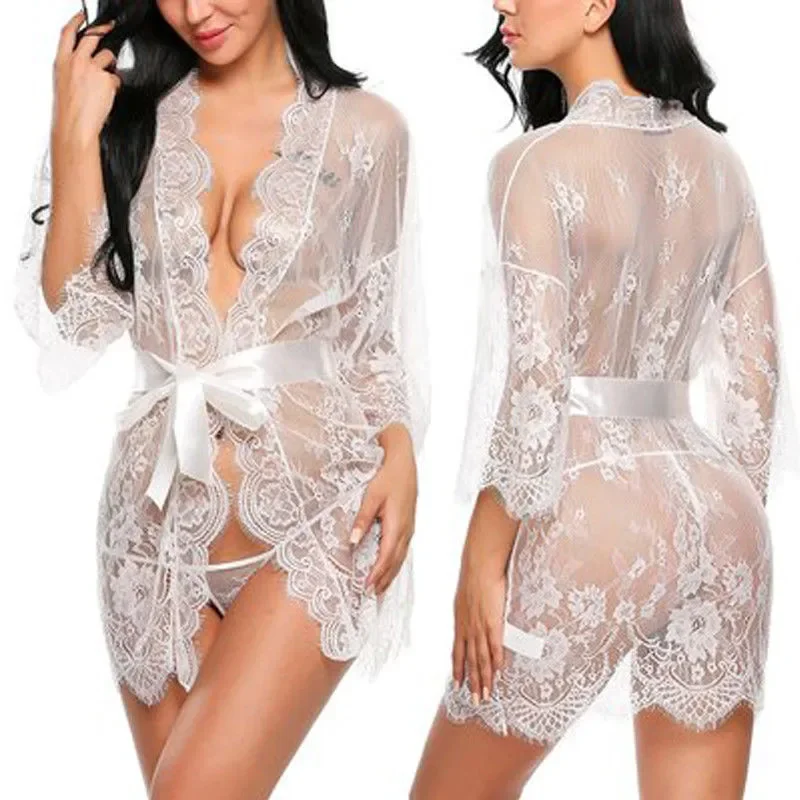 Lace Sleepwear Dress Robe Kimono Women Sexy Lingerie Transparent V-Neck Nightwear Babydoll Erotic Robe G-string Costume women lingerie