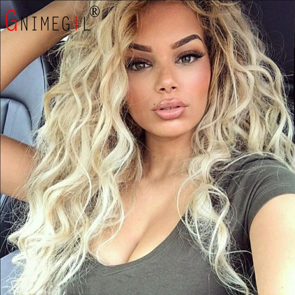 GNIMEGIL Synthetic Long Curly Hair Wavy Wig for White Women Ombre Blonde Dark Roots Free Part Hairline Body Wave Wig + Stickers