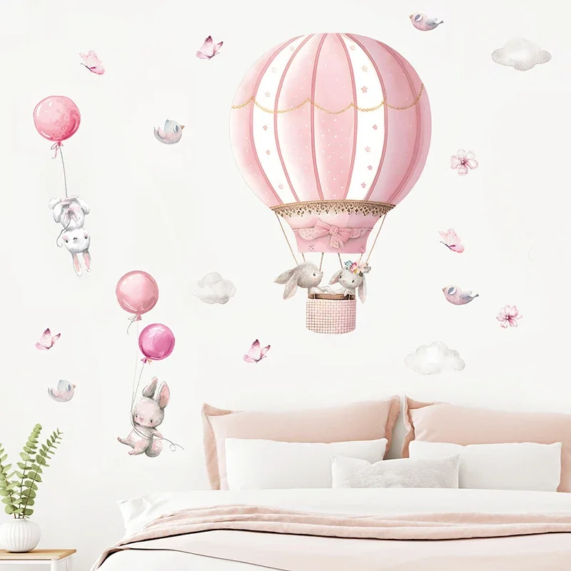 Cartoon Cute Rabbit Hot Air Balloon Clouds Large Wall Stickers for Kids Room Living Room Nursery Decoration Children Wall Decals wall stickers,wall sticker