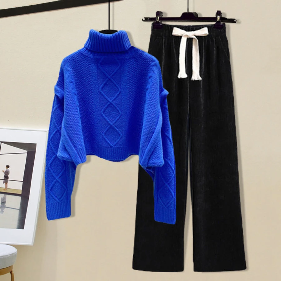 

Новинка 2023, весенне-осенний женский костюм, Модный повседневный облегающий синий свитер с высоким воротником и широкие брюки, комплект из двух предметов
