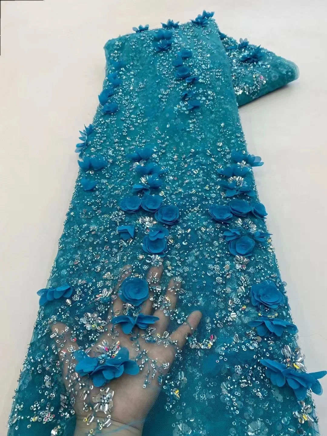 

Latest Fashion African 3D Flower Embroidery Lace Fabric High Quality Blue Sequins French Tulle Lace Fabric for Wedding