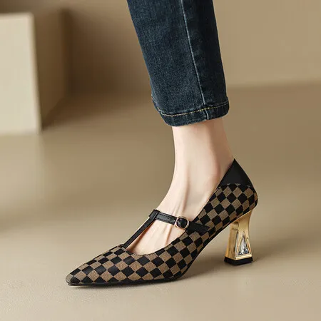

Туфли большого размера на высоком каблуке, заостренный носок, клетчатый дизайн, одна обувь, простые, модные и удобные