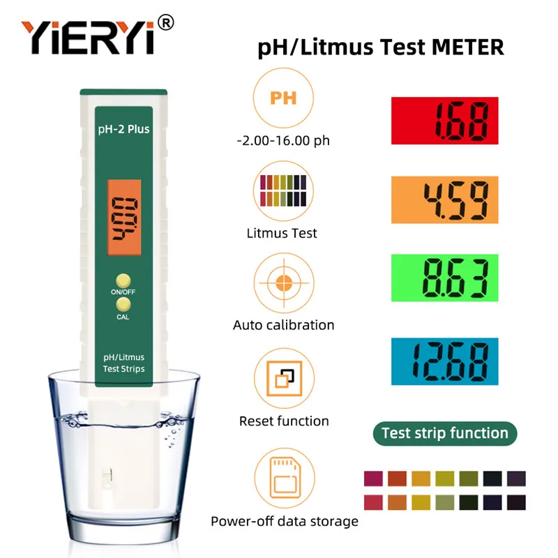 Yieryi Lackmus-PH-Messgerät, digital – 2,00–16,00 pH-Wasserqualitätstest für Pools, Aquarien, Wasser mit farbiger Hintergrundbeleuchtung