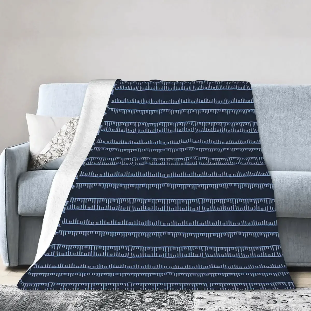 

Indigo Blue Sashiko Style Japanese Stripes Embroidery Pattern Blankets Flannel Throw Blanket Cover for Bed Travel Home Couch