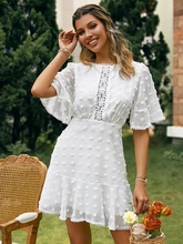  Simplee Holiday o-neck flare sleeves tassel white mini dress summer women Hollow out emboridery ruffle dresses Casual vestidos 