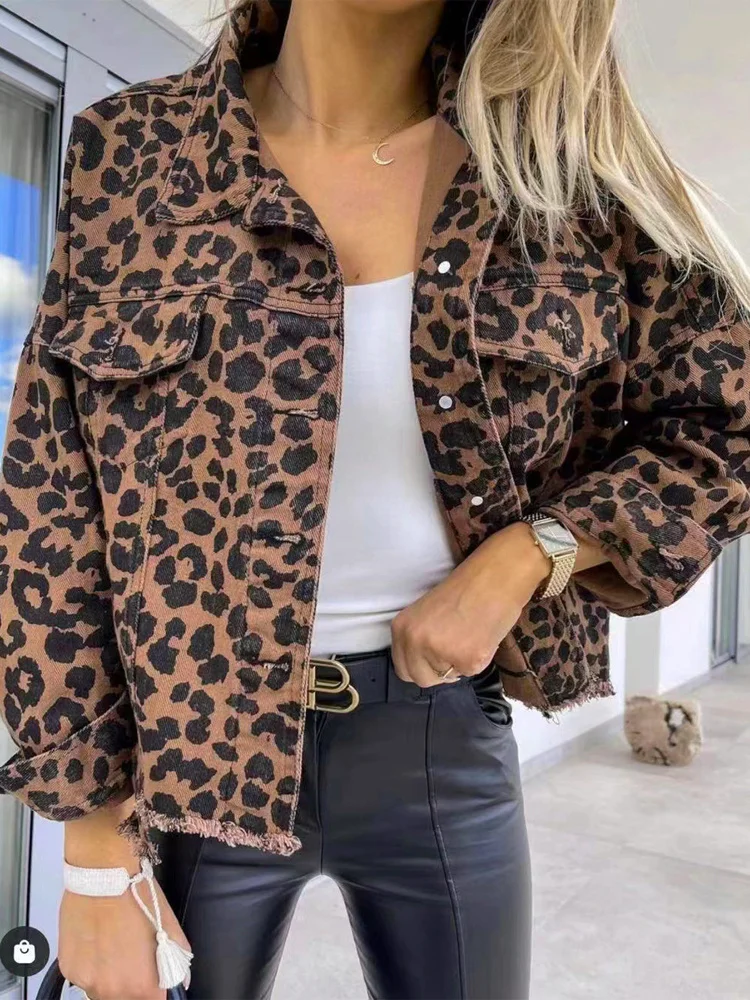 

Leopard Denim Jacket Women Autumn Vintage Coat Female Casual Loose Long Sleeve Jackets Ladies Streetwear Lapel Buttons Shacket