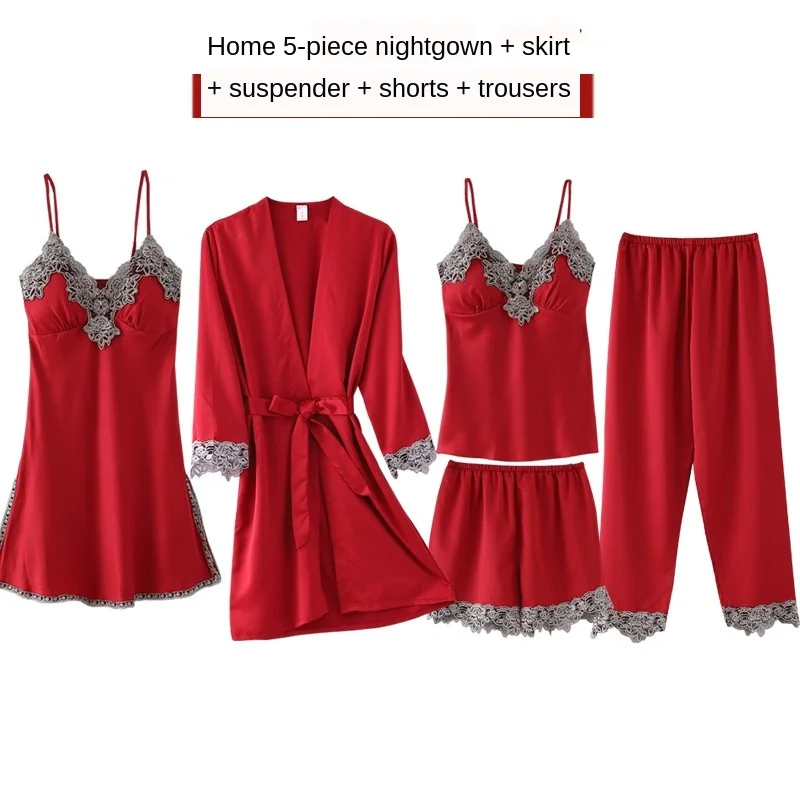 Summer Autumn Spring 5 Pieces Set Silk Elegant Women Pajamas Set Shorts Sleeve Top Elastic Waist Pants Lounge Sleepwear