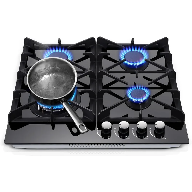 Gas Stove Top 24 inch Eascookchef,24 inch Gas Cooktop 4Burner,Gas Stove Top NG/LPG Convertible,Black Tempered Glass Dual Burners