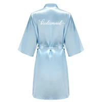 Light Blue Women's Satin Robe Short Kimono for Bride & Bridesmaid With White Letter, Wedding Party Robes - Image 5