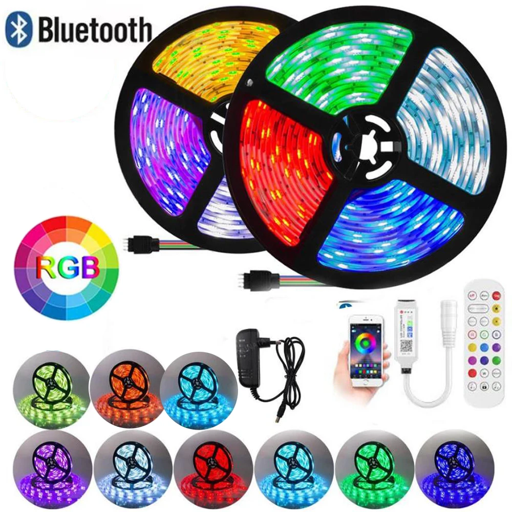 

Светодиодная лента, совместимая с Bluetooth, с музыкальной синхронизацией, RGB SMD 5050 2835, гибкая лента, диодный контроллер + адаптер питания 5 м/10 м/15 м/20 м