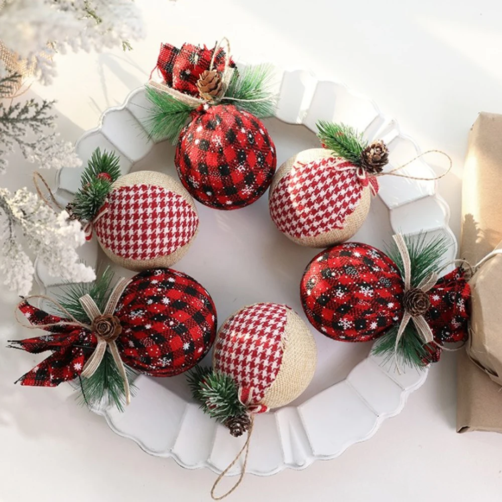 12/24Pcs Red Green Plaid Christmas Balls With Pine Cone Xmas Tree Hanging Foam Pendant Christmas Decorations Navidad New Year