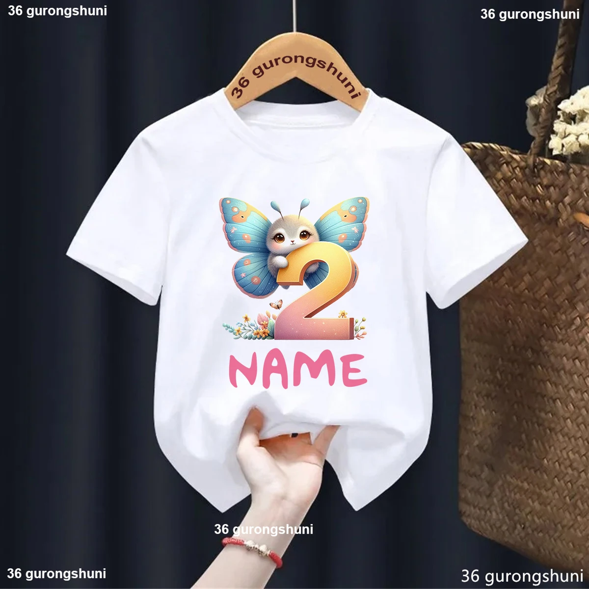 Watercolor Butterfly Number 1-9 Year Girl Tshirt Personalized Name For Children'S Birthday Party Costume Tshirt Cute Kids Tshirt 3