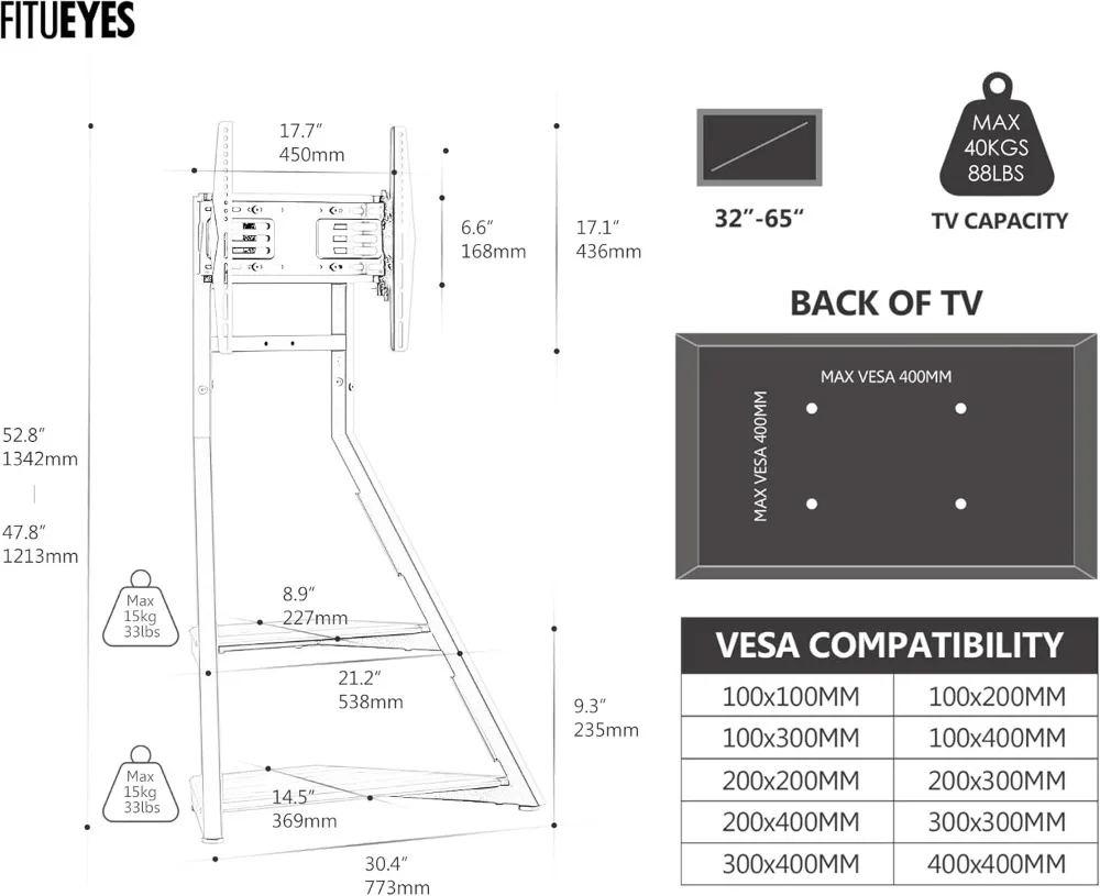 Corner TV Stand for 32-65 Inch TVs, Rolling Cart with Shelves, Space-Saving Modern Design