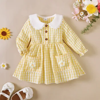 Abito da bambina a maniche lunghe Abito da principessa decorato con fiori dolci Costume autunnale per bambini Abito morbido per bambini 0-3 anni