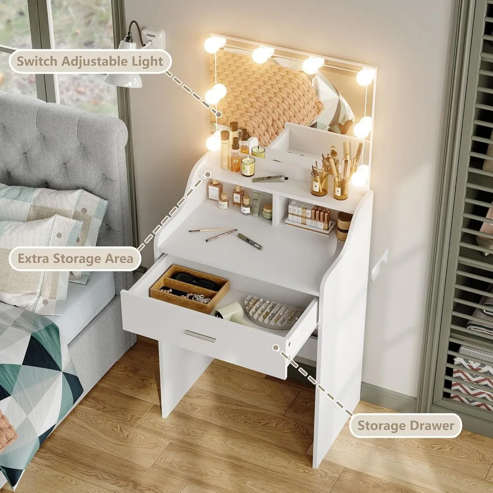 Vanity Desk with Mirror and Lights, 23.6" Small Makeup Vanity Table Set with Storage, Drawer, 3 Lighting Modes Adjustable Brigh