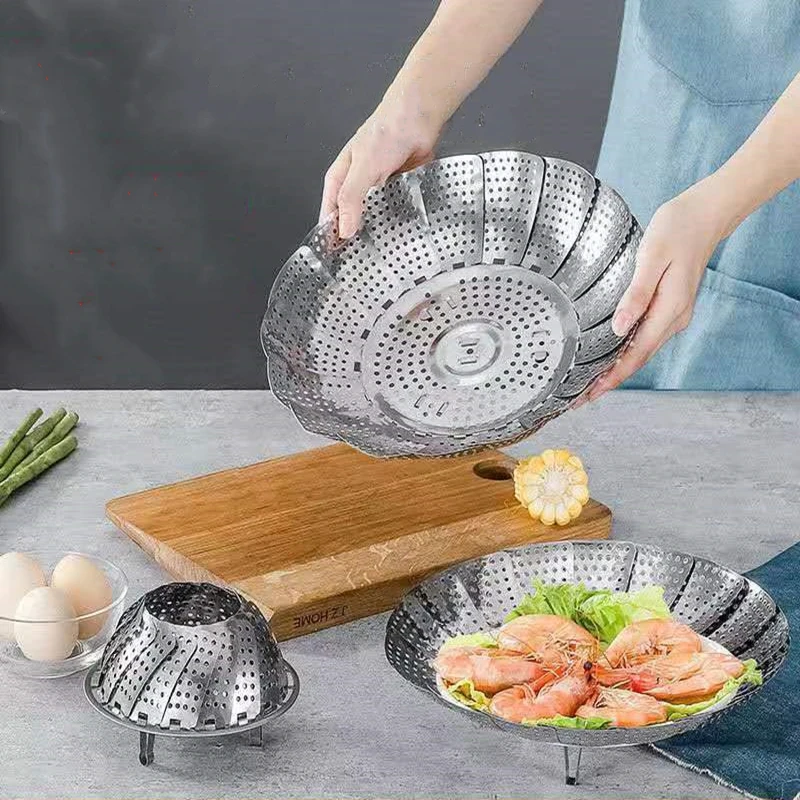 21/26/28cm Stainless Steel Food Steamer Bowl Vegetable Fruit Steamer Basket Steaming Rack Drawer Kitchen Folding Steamer