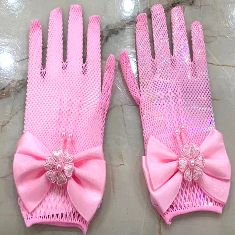 Girls Mesh Bow Lace Gloves Elastic Fishnet Solid Princess Gift Mittens Party Birthday Ceremony Coronation Ornament Accessories