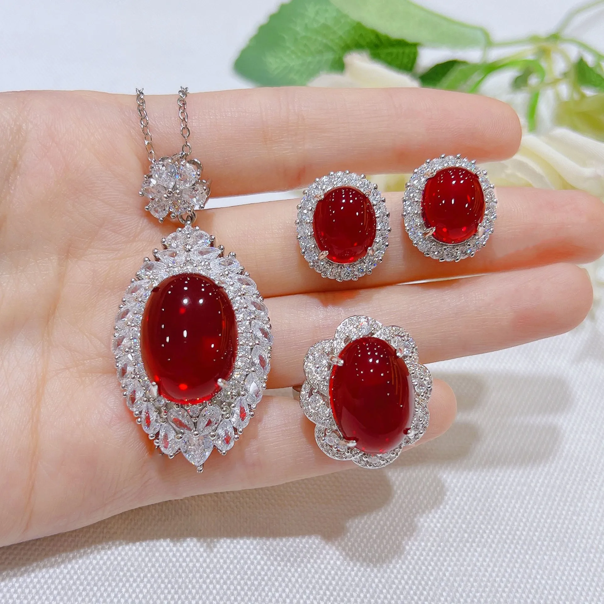 Foydjew New Luxury Simulation Pigeon Ruby Jewelry Sets For Women Exaggerated Big Red Stone Pendant Necklaces Stud Earrings Rings
