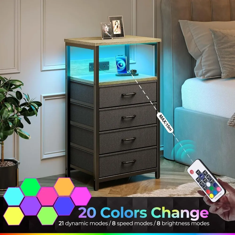 Nightstand with Charging Station, Bedside Table with LED Lights, Side Table with Fabric Drawers, Tier Storage Night Stand Table 6