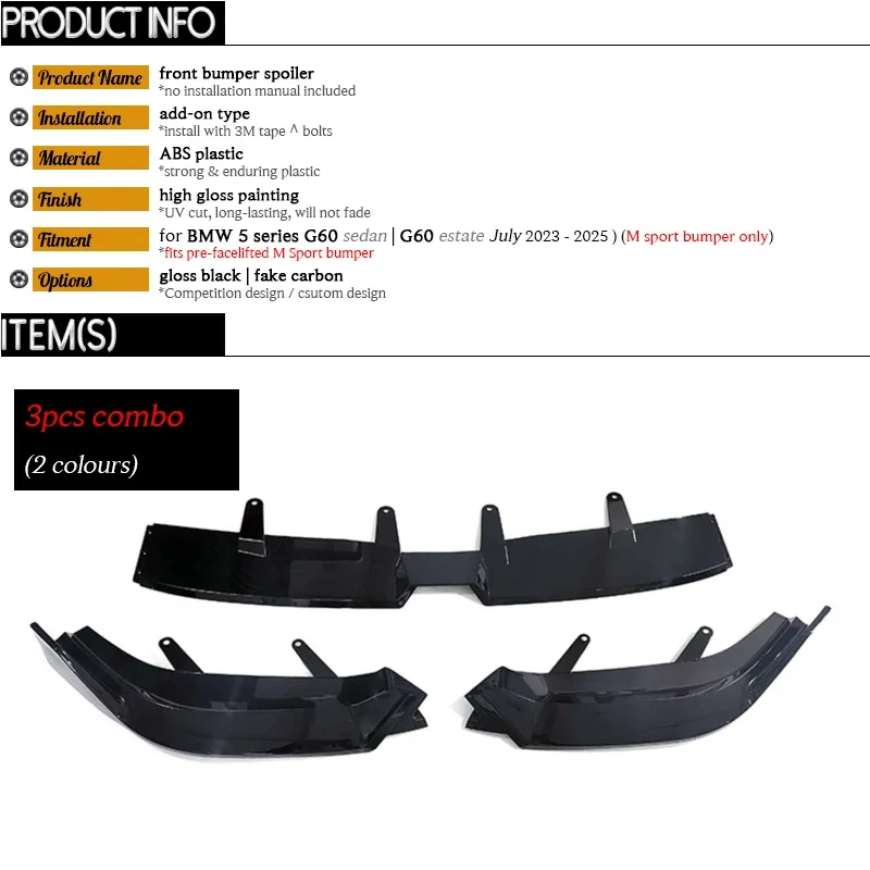 Carbon Fiber Printing Black Front Bumper Lip Spoiler for BMW 5 Series G60 G61 M Sport- 520i 530i 530e 540i 550e M560e